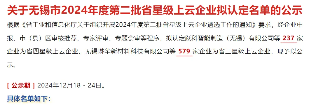 關(guān)于無錫市2024年度第二批省星級(jí)上云企業(yè)擬認(rèn)定名單的公示